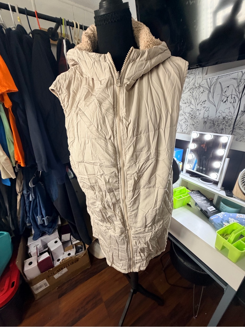 Wish Cream Quilted Sleeveless Hooded Puffer Vest with Sherpa Trim